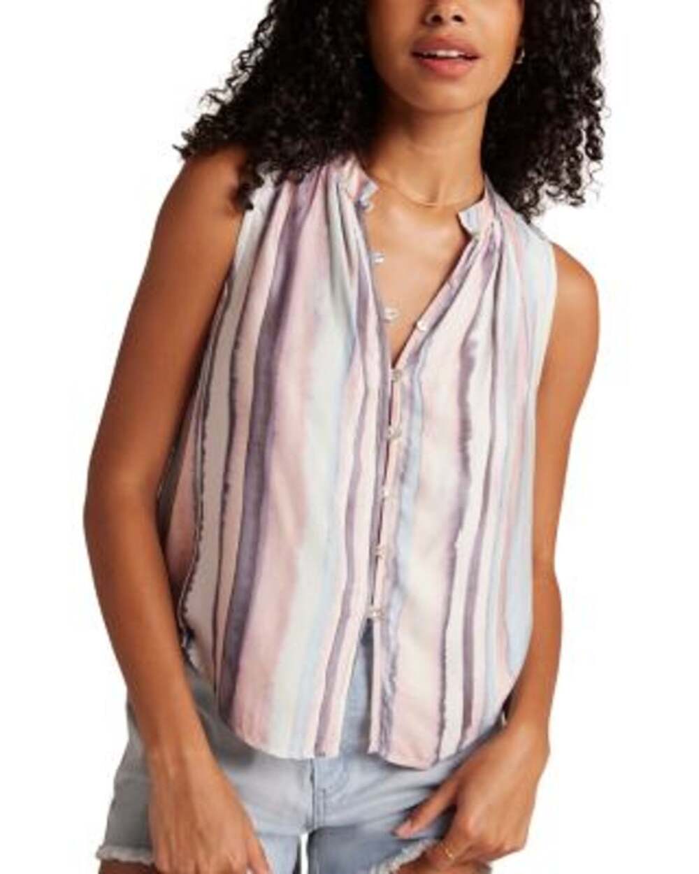Bella Dahl Top M Pink Blue Coastal Stripe Sleeveless Shirred Button Blouse NWT